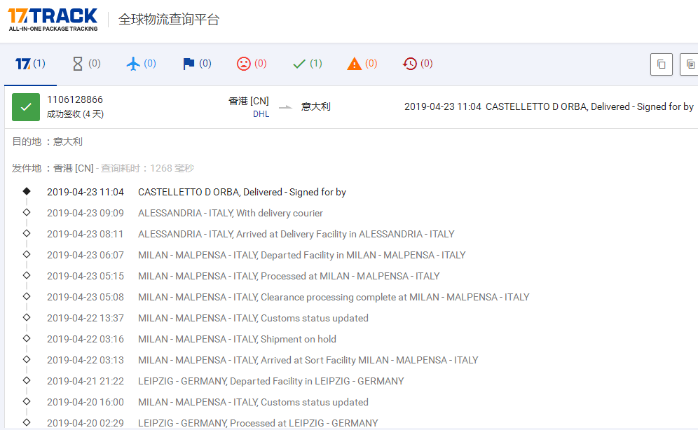 香港DHL小货到意大利签收时效