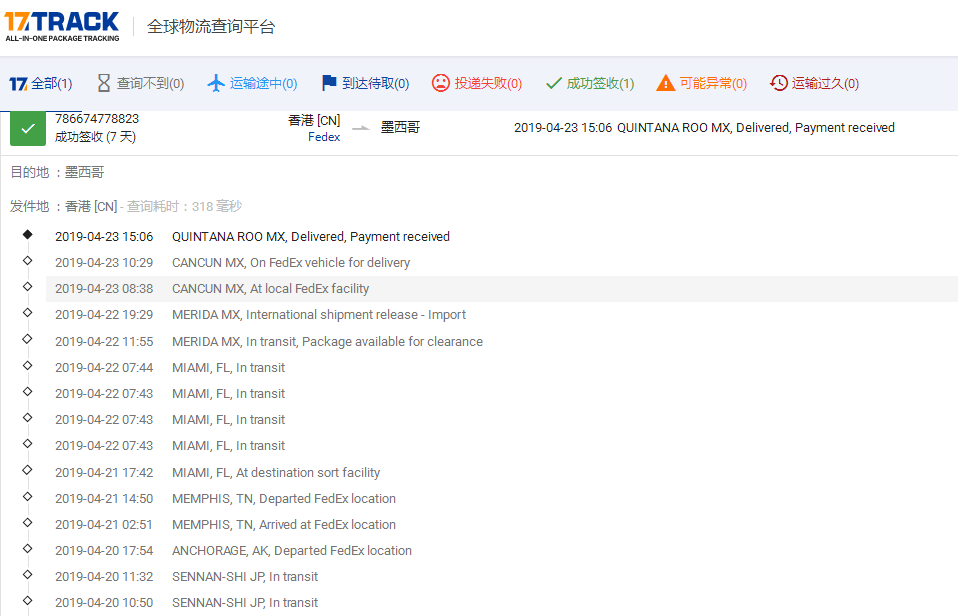 香港Fedex-标准IP到墨西哥签收时效